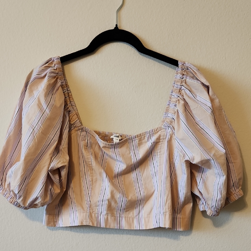 Like New - Aerie Striped Puff Sleeve Cream and Purple Crop Blouse - L
